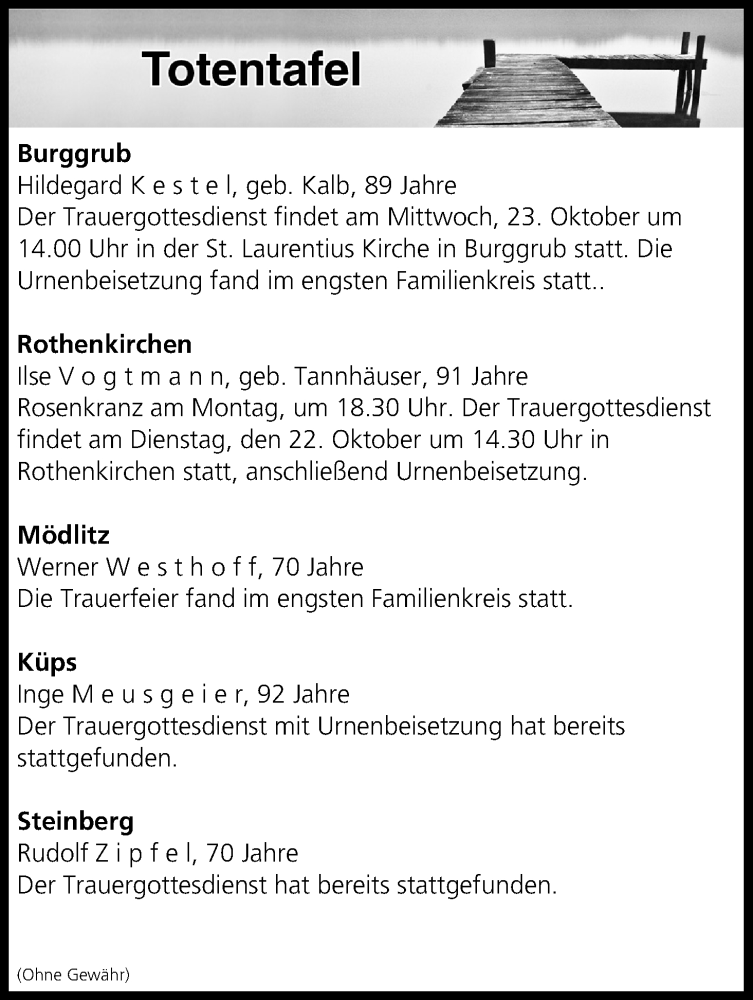  Traueranzeige für Totentafel vom 19.10.2019 vom 19.10.2019 aus MGO