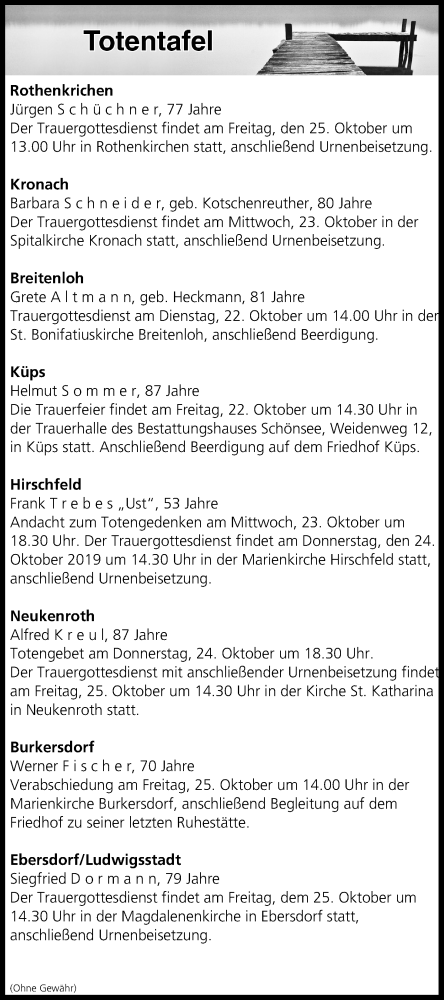  Traueranzeige für Totentafel vom 22.10.2019 vom 22.10.2019 aus MGO