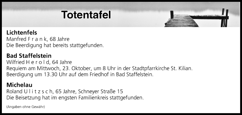  Traueranzeige für Totentafel vom 22.10.2019 vom 22.10.2019 aus MGO