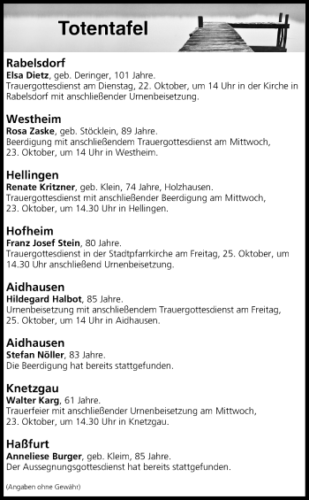 Anzeige von Totentafel vom 22.10.2019 von MGO