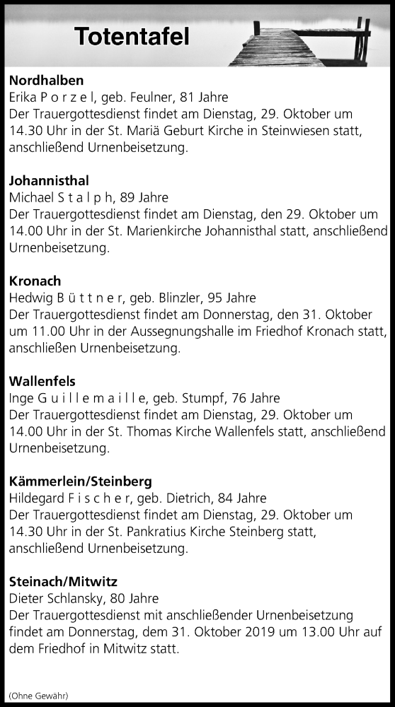  Traueranzeige für Totentafel vom 29.10.2019 vom 29.10.2019 aus MGO