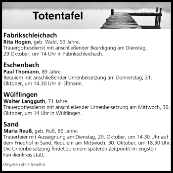 Anzeige von Totentafel vom 29.10.2019 von MGO