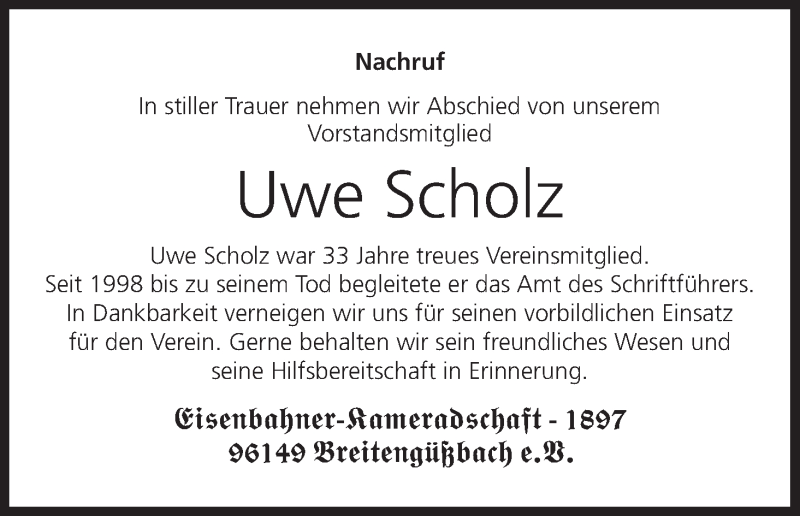  Traueranzeige für Uwe Scholz vom 19.10.2019 aus MGO