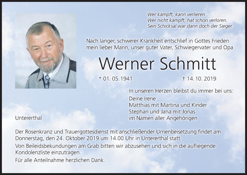  Traueranzeige für Werner Schmitt vom 18.10.2019 aus MGO