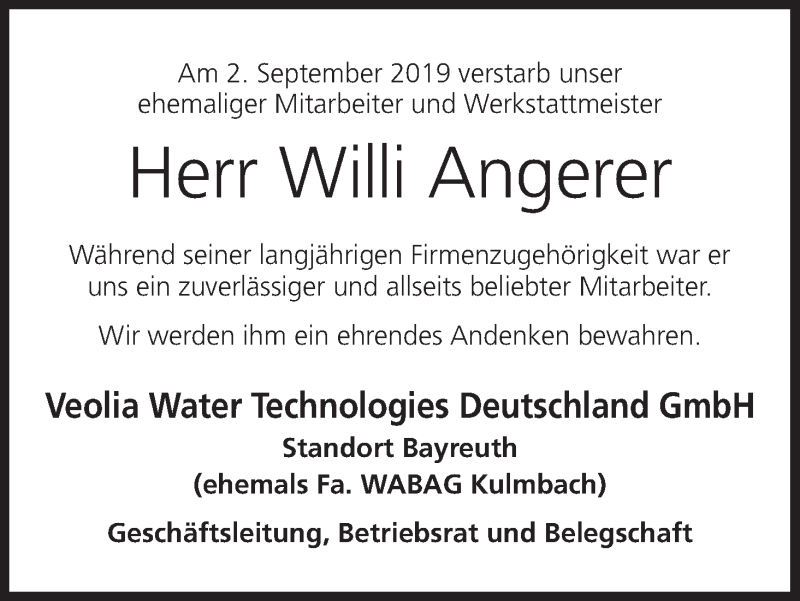  Traueranzeige für Willi Angerer vom 05.10.2019 aus MGO