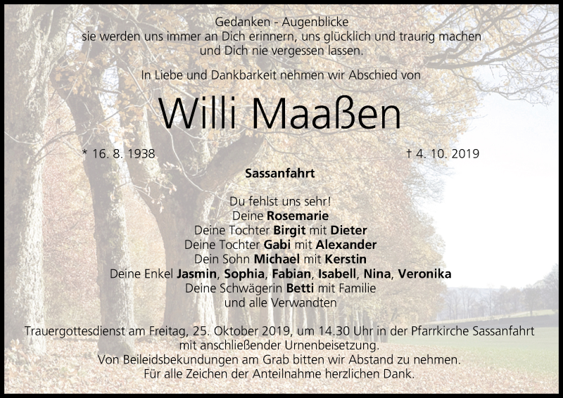  Traueranzeige für Willi Maaßen vom 19.10.2019 aus MGO