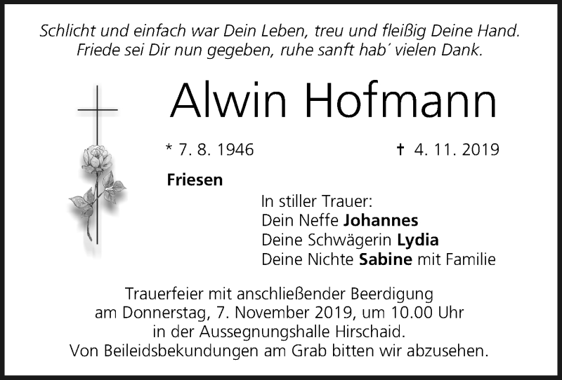  Traueranzeige für Alwin Hofmann vom 06.11.2019 aus MGO