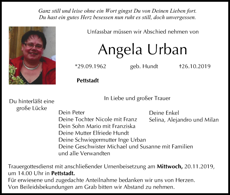  Traueranzeige für Angela Urban vom 16.11.2019 aus MGO