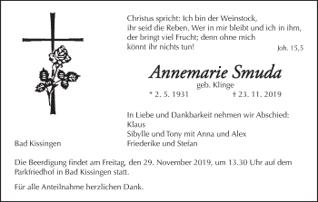Anzeige von Annemarie Smuda von MGO