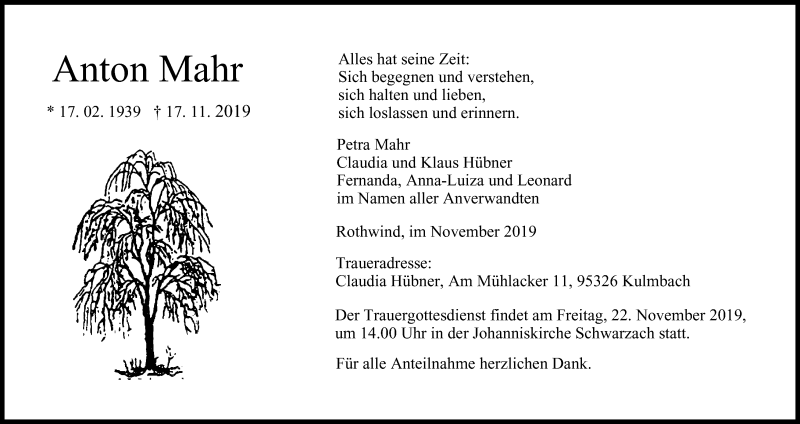  Traueranzeige für Anton Mahr vom 21.11.2019 aus MGO