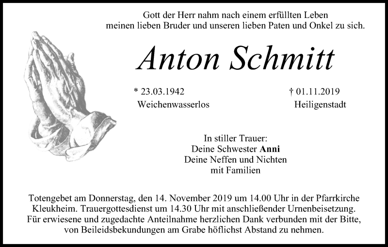  Traueranzeige für Anton Schmitt vom 12.11.2019 aus MGO