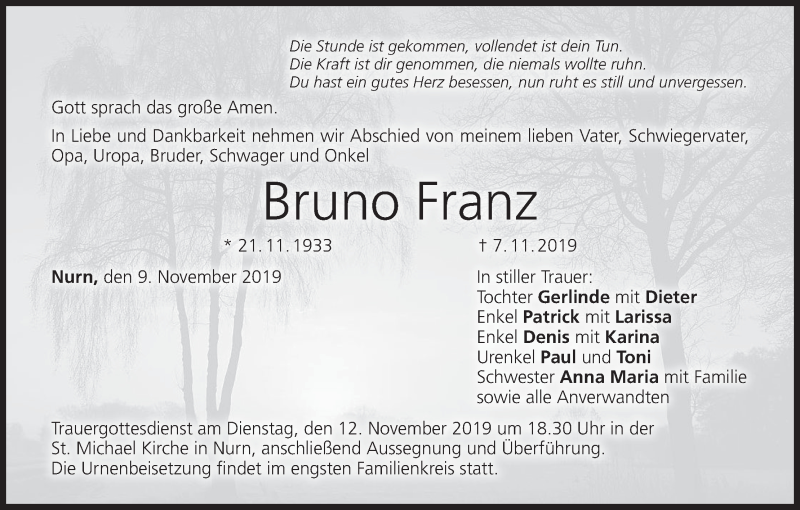  Traueranzeige für Bruno Franz vom 09.11.2019 aus MGO