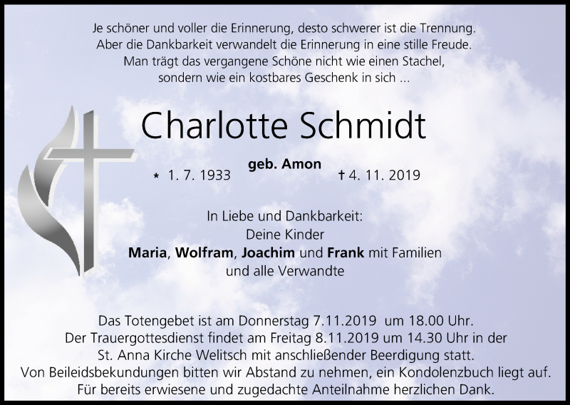  Traueranzeige für Charlotte Schmidt vom 07.11.2019 aus MGO