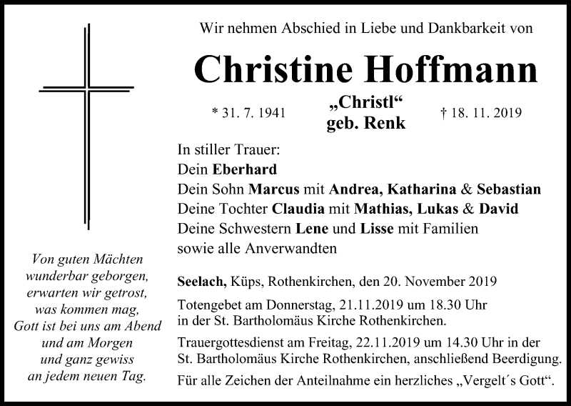  Traueranzeige für Christine Hoffmann vom 20.11.2019 aus MGO