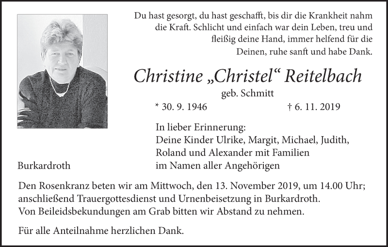  Traueranzeige für Christine Reitelbach vom 09.11.2019 aus MGO