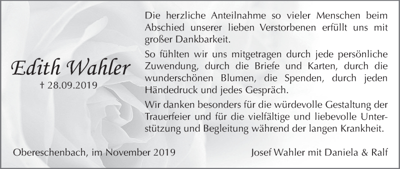  Traueranzeige für Edith Wahler vom 09.11.2019 aus MGO