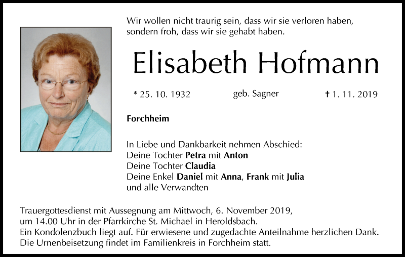  Traueranzeige für Elisabeth Hofmann vom 05.11.2019 aus MGO