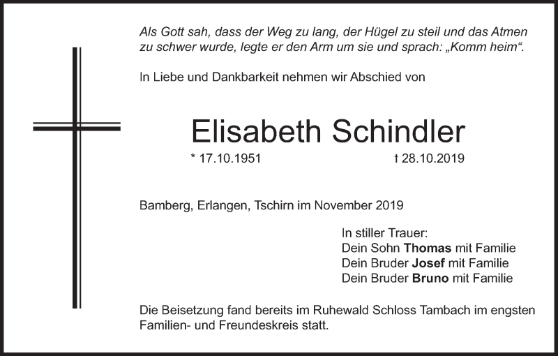 Traueranzeige für Elisabeth Schindler vom 23.11.2019 aus MGO