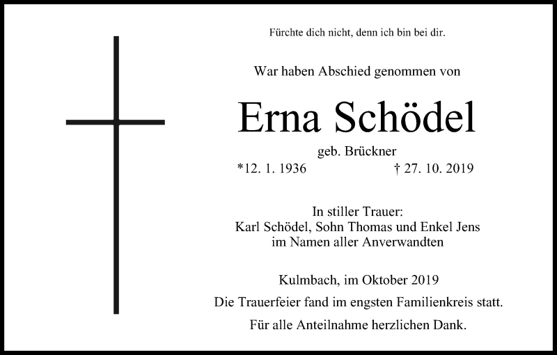  Traueranzeige für Erna Schädel vom 23.11.2019 aus MGO
