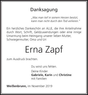 Anzeige von Erna Zapf von MGO