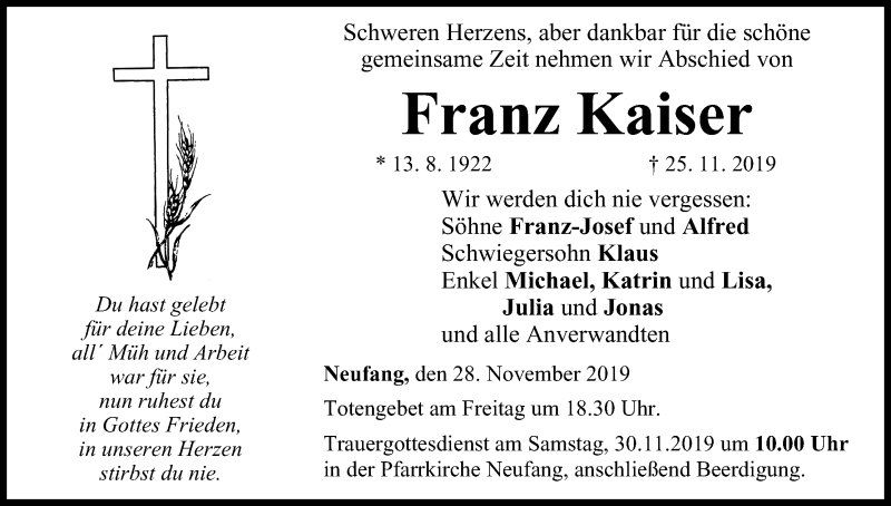  Traueranzeige für Franz Kaiser vom 28.11.2019 aus MGO
