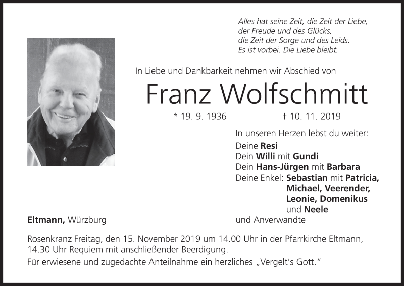  Traueranzeige für Franz Wolfschmitt vom 13.11.2019 aus MGO