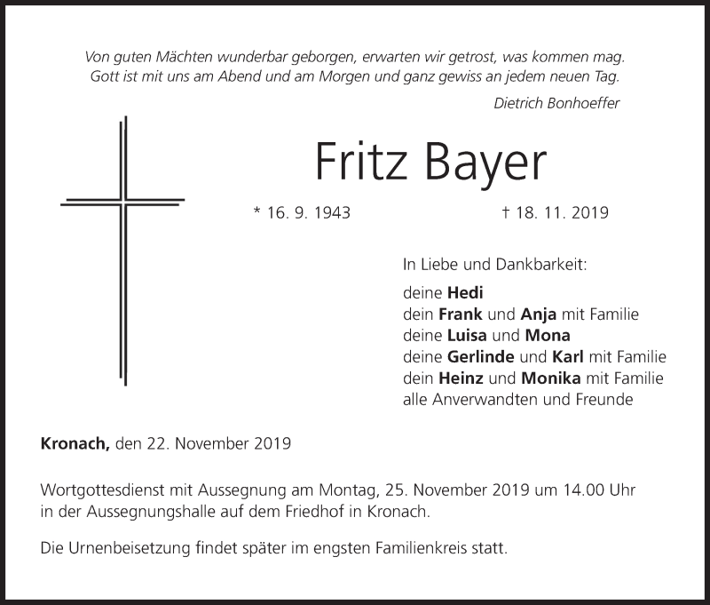  Traueranzeige für Fritz Bayer vom 22.11.2019 aus MGO