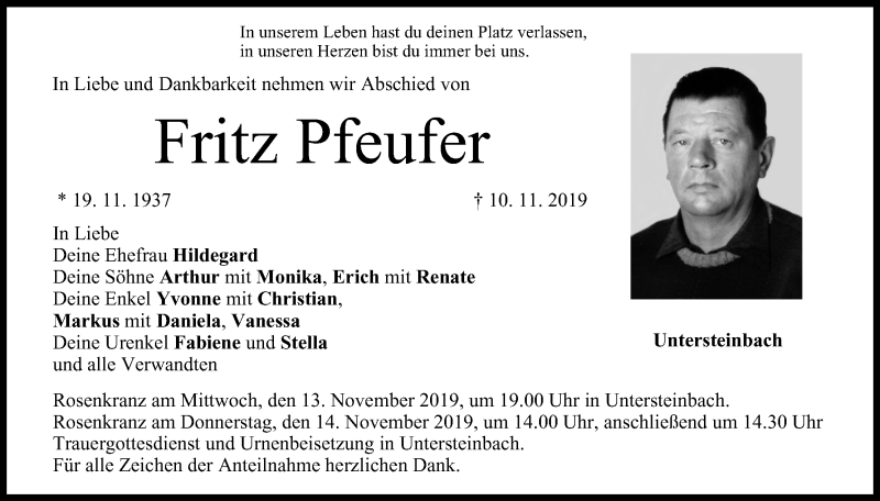  Traueranzeige für Fritz Pfeufer vom 12.11.2019 aus MGO