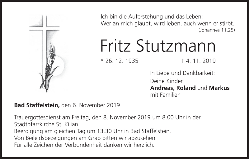  Traueranzeige für Fritz Stutzmann vom 06.11.2019 aus MGO