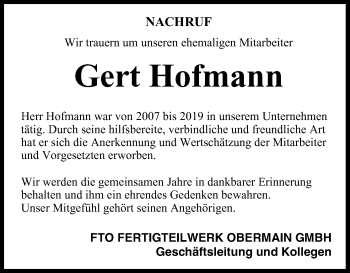 Anzeige von Gert Hofmann von MGO