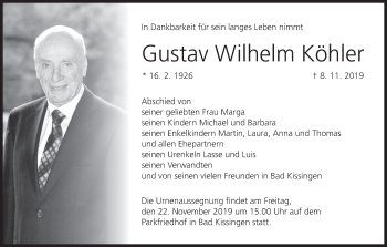 Anzeige von Gustav Wilhelm Köhler von MGO