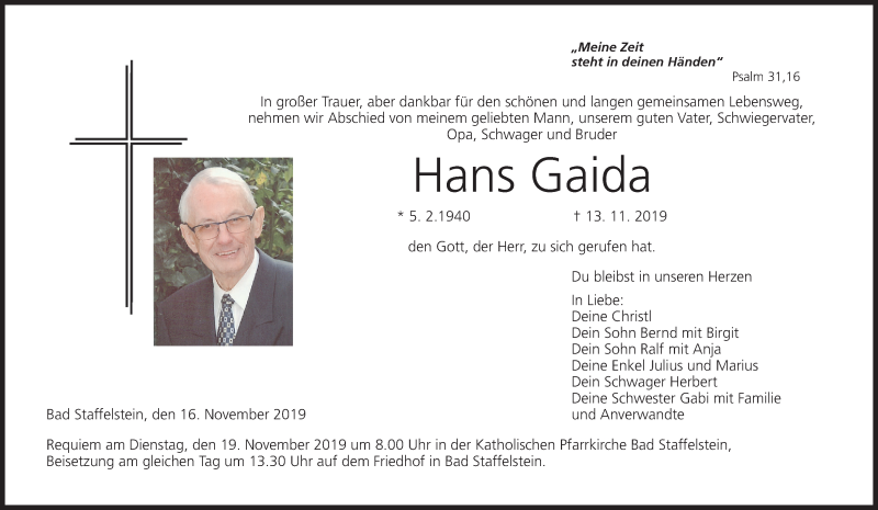  Traueranzeige für Hans Gaida vom 16.11.2019 aus MGO