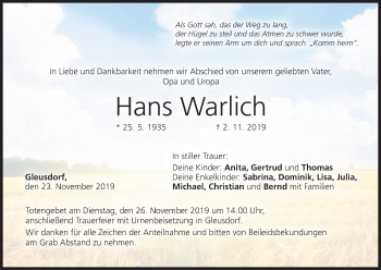 Anzeige von Hans Warlich von MGO