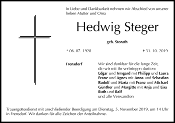 Anzeige von Hedwig Steger von MGO