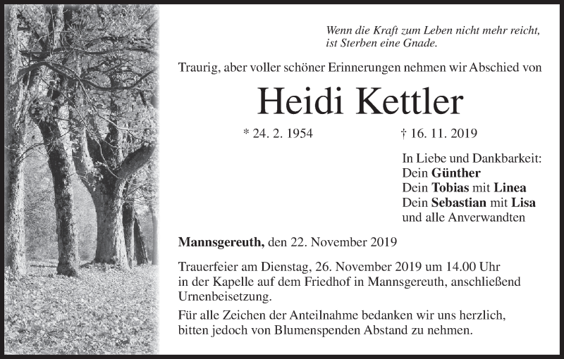  Traueranzeige für Heidi Kettler vom 22.11.2019 aus MGO