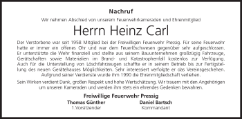 Anzeige von Heinz Carl von MGO