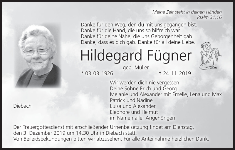  Traueranzeige für Hildegard Fügner vom 29.11.2019 aus MGO