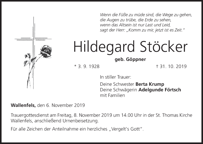  Traueranzeige für Hildegard Stöckel vom 06.11.2019 aus MGO