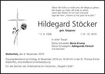 Anzeige von Hildegard Stöckel von MGO