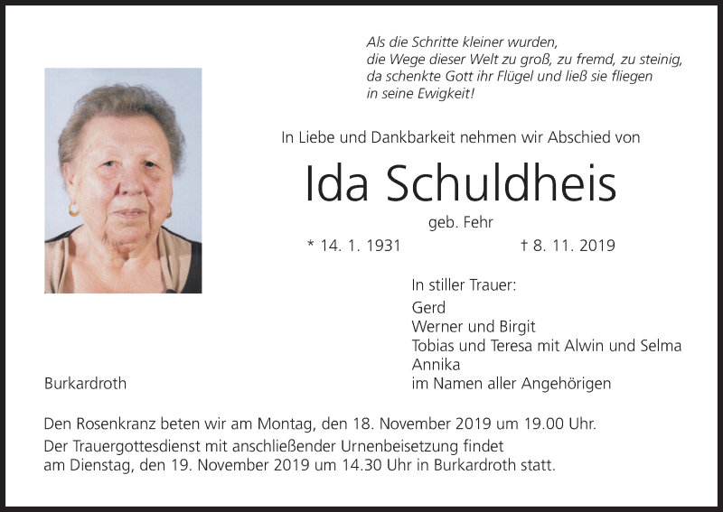 Traueranzeige für Ida Schuldheis vom 16.11.2019 aus MGO