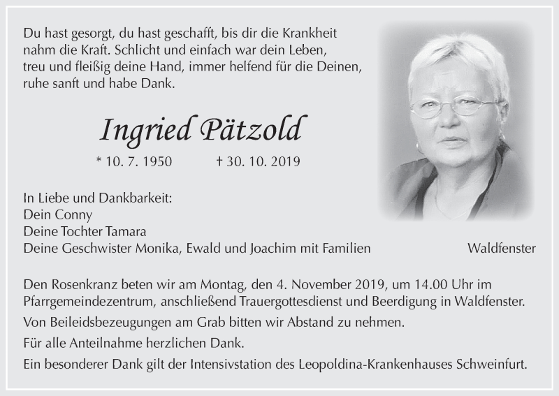  Traueranzeige für Ingried Pätzold vom 01.11.2019 aus MGO