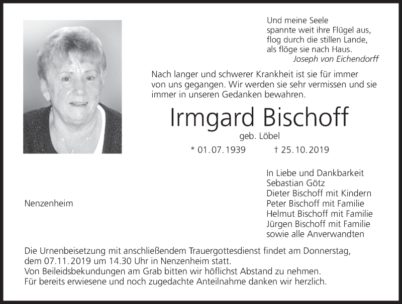  Traueranzeige für Irmgard Bischoff vom 04.11.2019 aus MGO