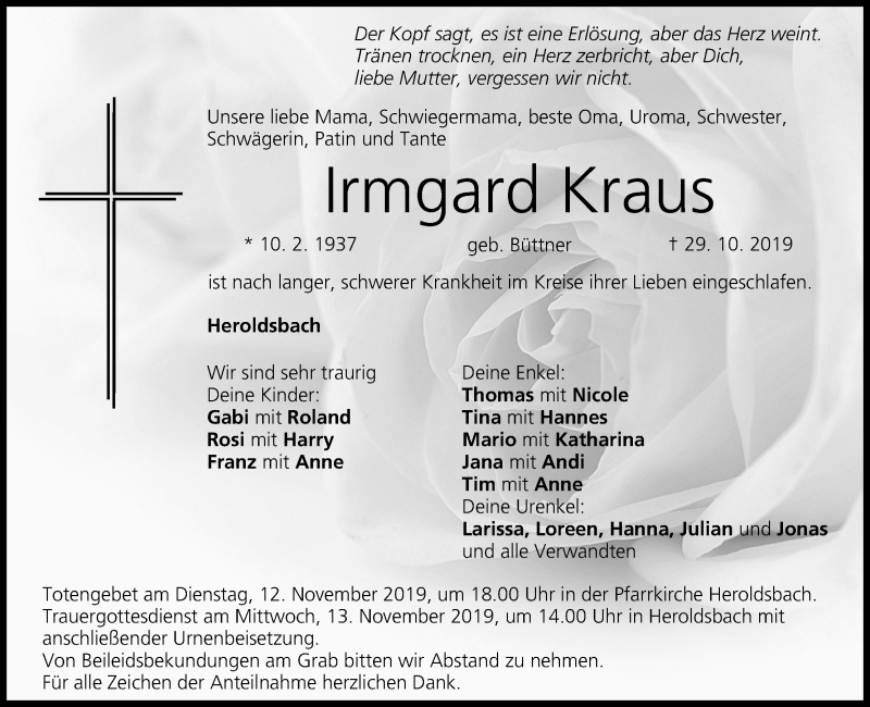  Traueranzeige für Irmgard Kraus vom 09.11.2019 aus MGO