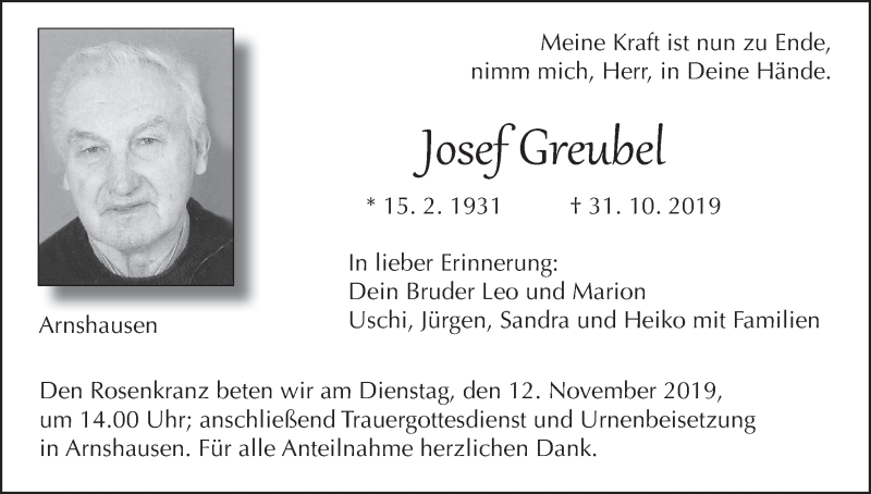  Traueranzeige für Josef Greubel vom 09.11.2019 aus MGO