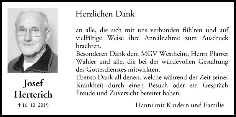  Traueranzeige für Josef Herterich vom 16.11.2019 aus MGO