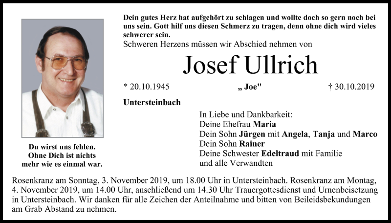  Traueranzeige für Josef Ullrich vom 01.11.2019 aus MGO