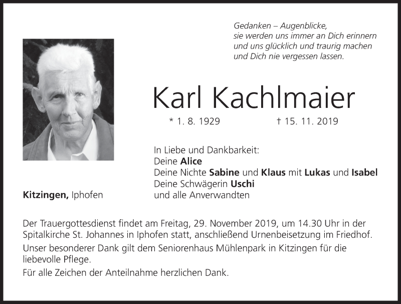  Traueranzeige für Karl Kachlmaier vom 23.11.2019 aus MGO