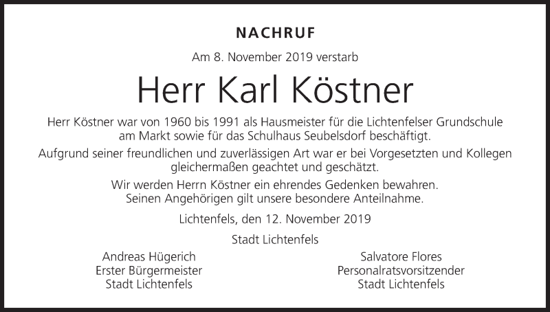  Traueranzeige für Karl Köstner vom 14.11.2019 aus MGO