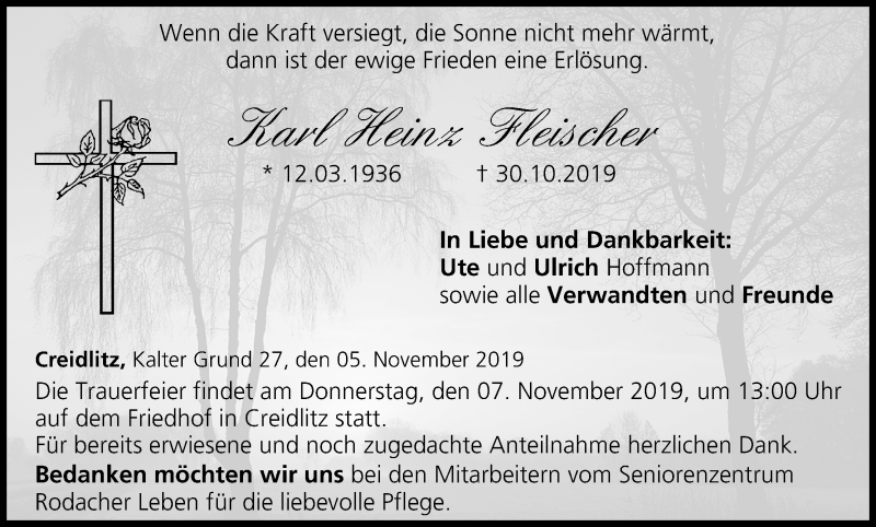  Traueranzeige für Karl Heinz Fleischer vom 05.11.2019 aus MGO