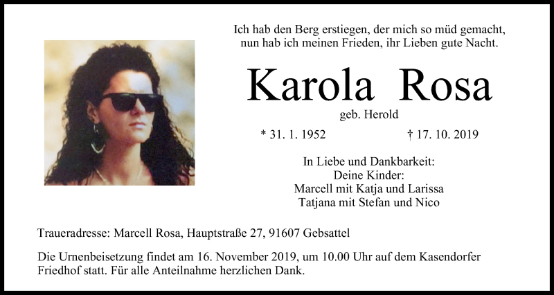  Traueranzeige für Karola Rosa vom 13.11.2019 aus MGO